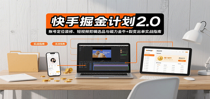 快手掘金计划2.0，账号定位装修、短视频剪辑选品与磁力金牛+裂变出单实战指南-轻资产创富网